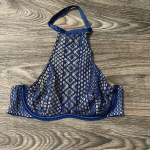 Victoria Secret Bra Unlined Very Sexy Blue Lace Halter 32B Underwire High Neck